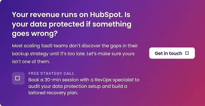 Glare Marketing call-to-action banner: "Your revenue runs on HubSpot. Is your data protected if something goes wrong?" — offers a free 30-minute strategy call with a RevOps specialist to audit data protection setup, with a "Get in touch" button.