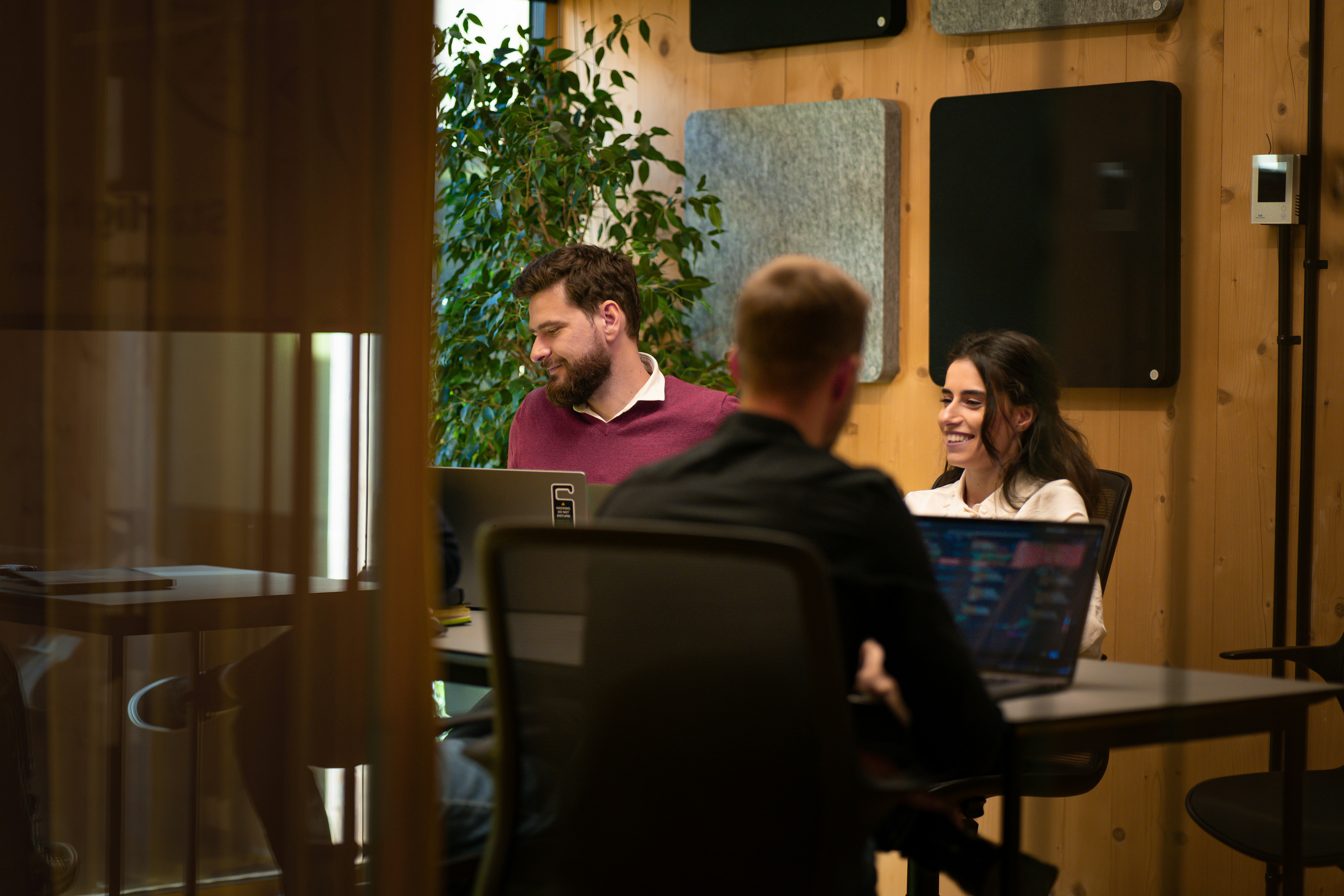 A large black display mounted on a wood-paneled wall in a warmly lit, plant-filled office.