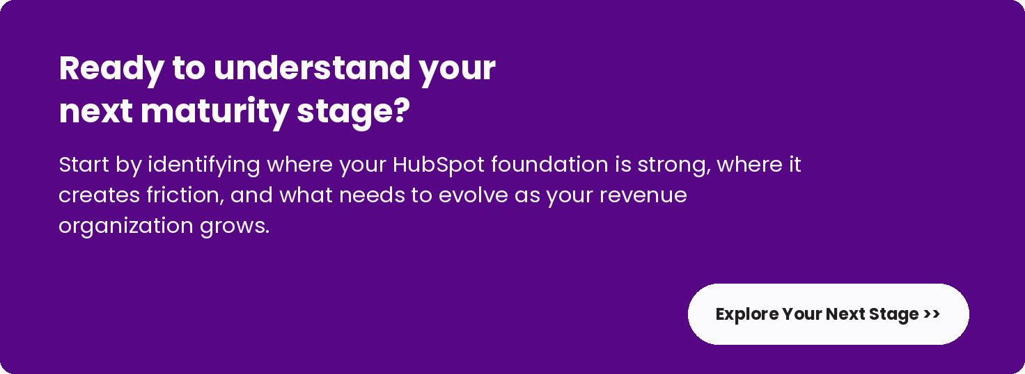 CTA banner reading “Ready to understand your next maturity stage?” with supporting text about evaluating a HubSpot foundation and a button labeled “Explore Your Next Stage.”