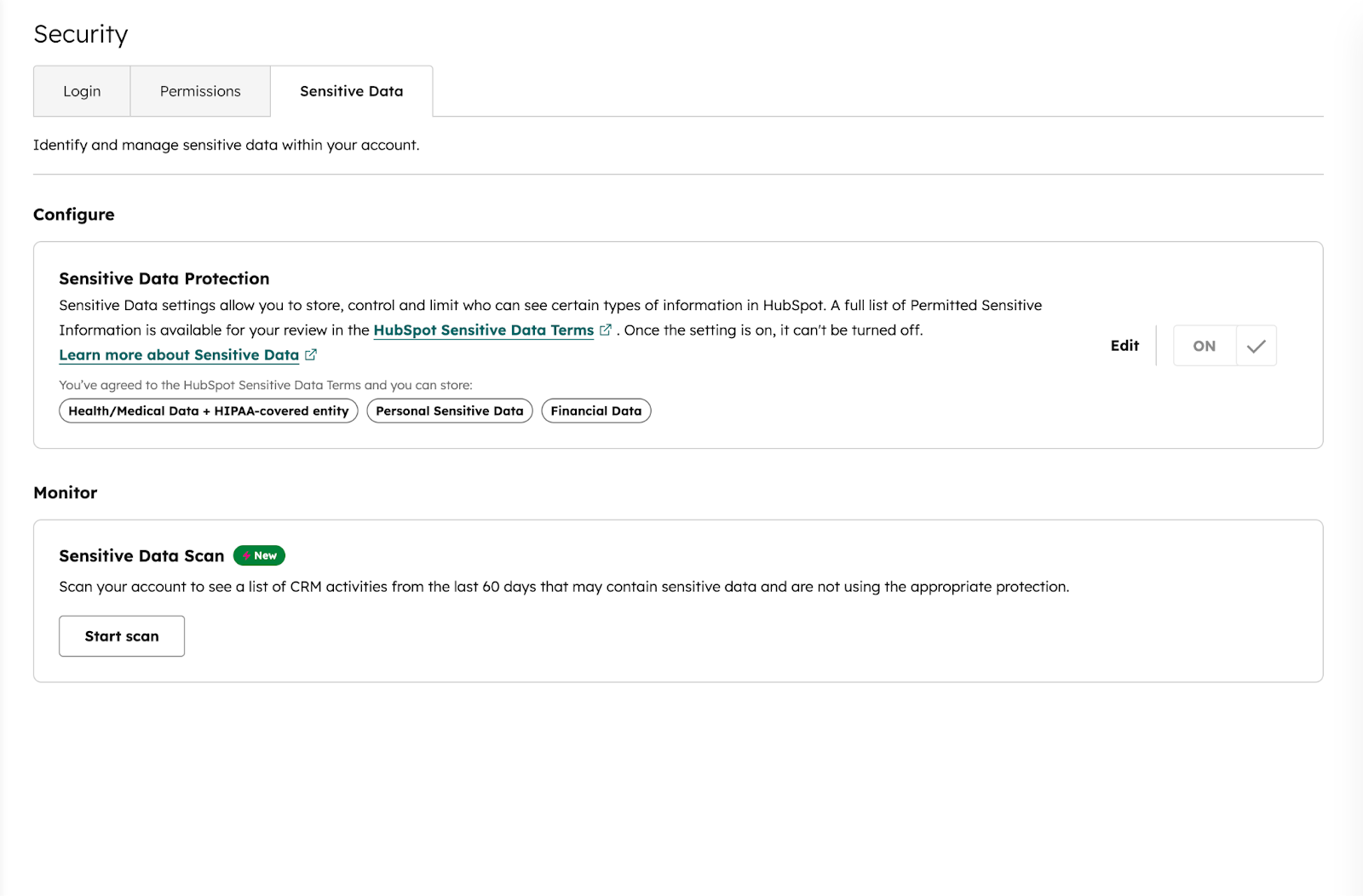 How to enable Sensitive Data properties in HubSpot — Settings → Security → Sensitive Data, showing Sensitive and Highly Sensitive data categories