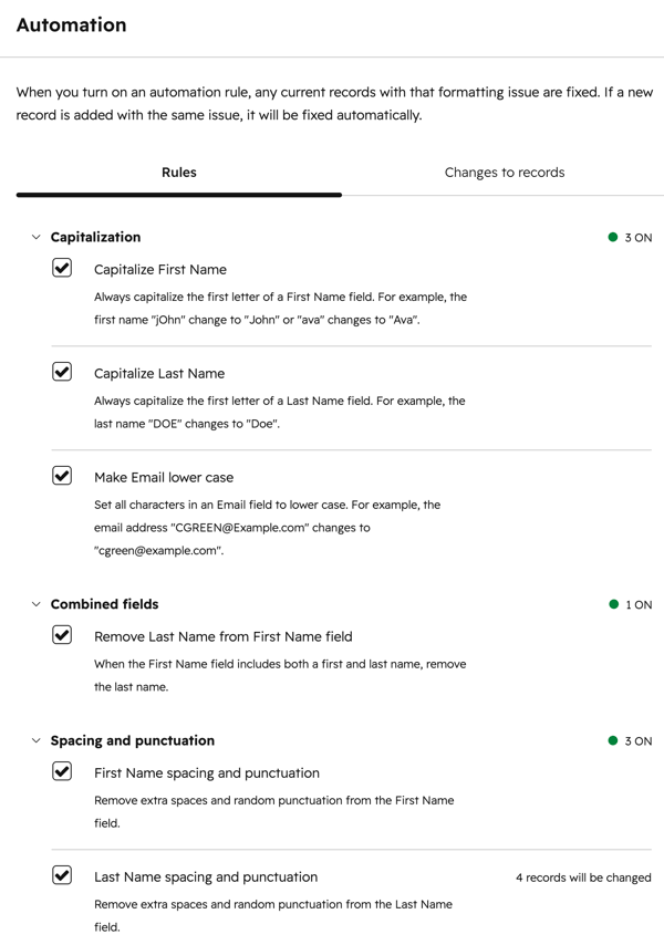 HubSpot automation rules for standardizing CRM data including capitalization and email formatting to improve data quality