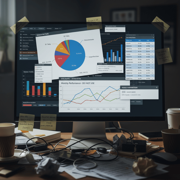 cluttered analytics dashboard with inconsistent data and charts illustrating unreliable CRM reporting and poor data quality