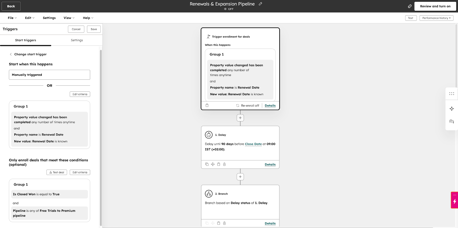 HubSpot deal-based workflow enrollment trigger configured for Renewal Date is known, with filter conditions Is Closed Won equals True and Pipeline set to Free Trials to Premium, automating subscription renewal management 90 days before close date