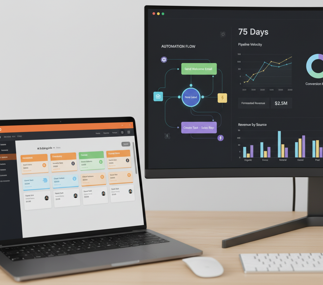 MacBook showing HubSpot deal pipeline kanban board alongside a monitor displaying a HubSpot automation flow dashboard with 75-day pipeline velocity, $2.5M forecasted revenue, and revenue by source analytics — illustrating the results of strategic SaaS workflow automation