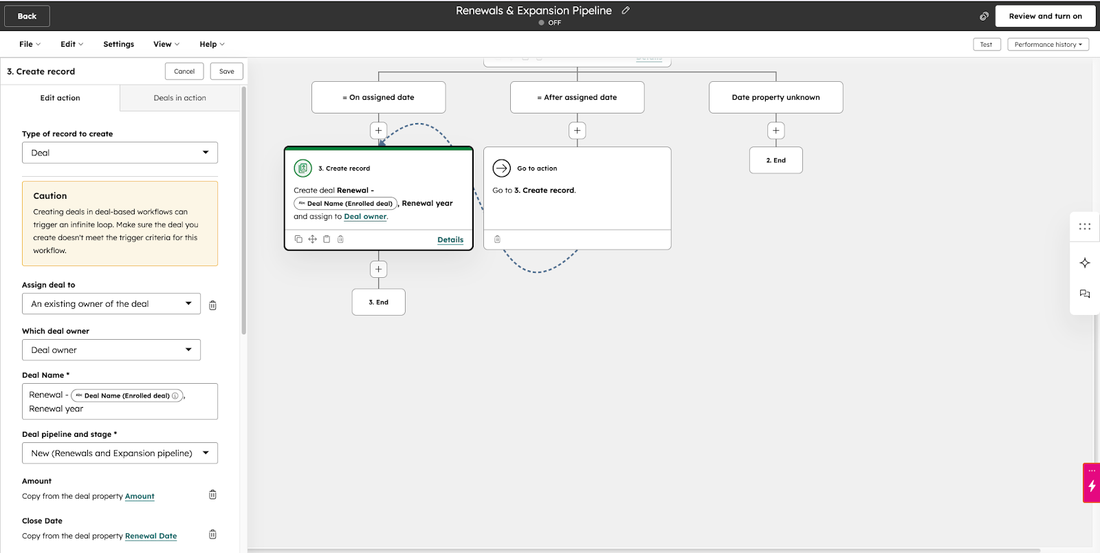 HubSpot Renewals and Expansion Pipeline workflow showing a Create Deal action generating a renewal deal assigned to the Deal Owner, with an if/then date branch routing deals into On Assigned Date, After Assigned Date, and Date Property Unknown paths