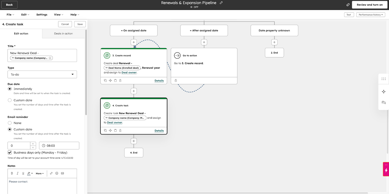 HubSpot workflow Create Task action panel creating a New Renewal Deal to-do task assigned to the deal owner, with business-hours scheduling and email reminder configured, supporting automated SaaS renewal pipeline management