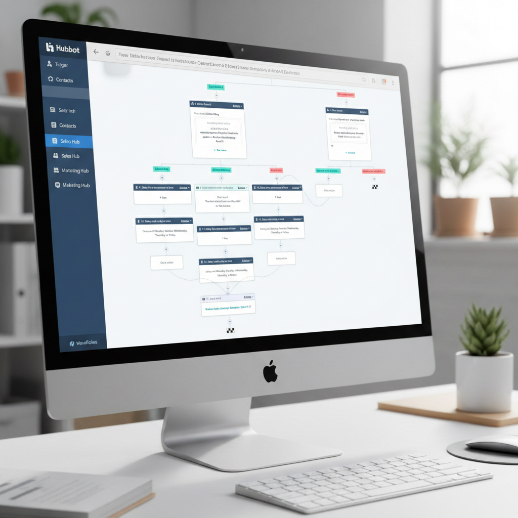 HubSpot Sales Hub workflow builder displayed on an iMac desktop, showing a multi-branch automated deal pipeline with color-coded workflow stages for SaaS companies