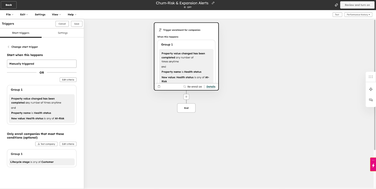 HubSpot Churn-Risk and Expansion Alerts workflow displaying enrollment triggers for Health Status equals At-Risk, followed by a Send Slack Notification action and Create Task step for CSM follow-up, used to proactively prevent SaaS customer churn