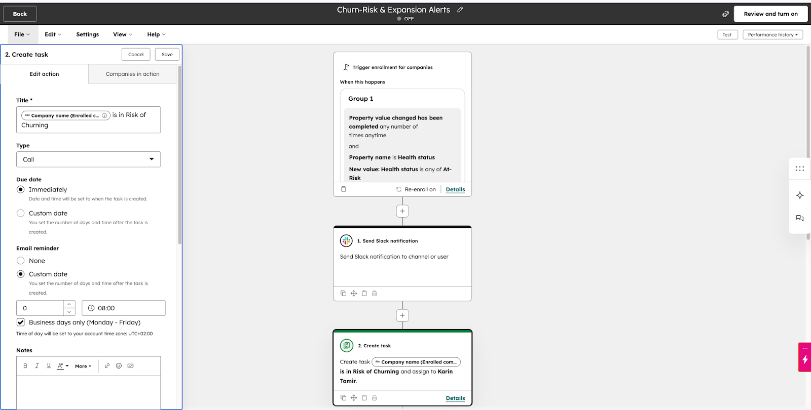 HubSpot workflow trigger panel showing property value change conditions for Health Status equals At-Risk with Lifecycle Stage filter set to Customer, demonstrating re-enrollment configuration for ongoing churn monitoring in SaaS CRM automation