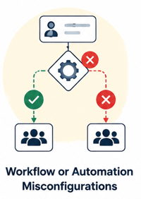 Illustration of a HubSpot workflow routing a contact down two paths — one correct, one incorrect — captioned "Workflow or Automation Misconfigurations."