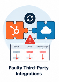 Illustration of HubSpot and a third-party cloud platform syncing as interlocking puzzle pieces, overwriting Status, Owner and Lifecycle Stage fields below, captioned "Faulty Third-Party Integrations."