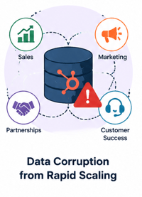 Illustration of a central HubSpot database with a warning icon, connected to four teams — Sales, Marketing, Partnerships and Customer Success — captioned "Data Corruption from Rapid Scaling."