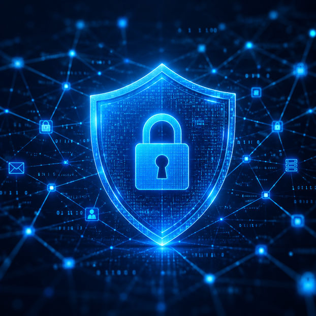Glowing blue digital shield with a padlock at the center of a connected data network, symbolizing HubSpot data protection across a SaaS company's revenue systems.