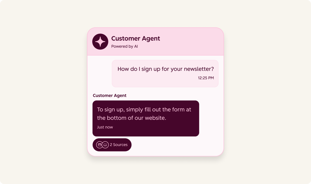 HubSpot Customer Agent answering a newsletter signup question and citing two sources.