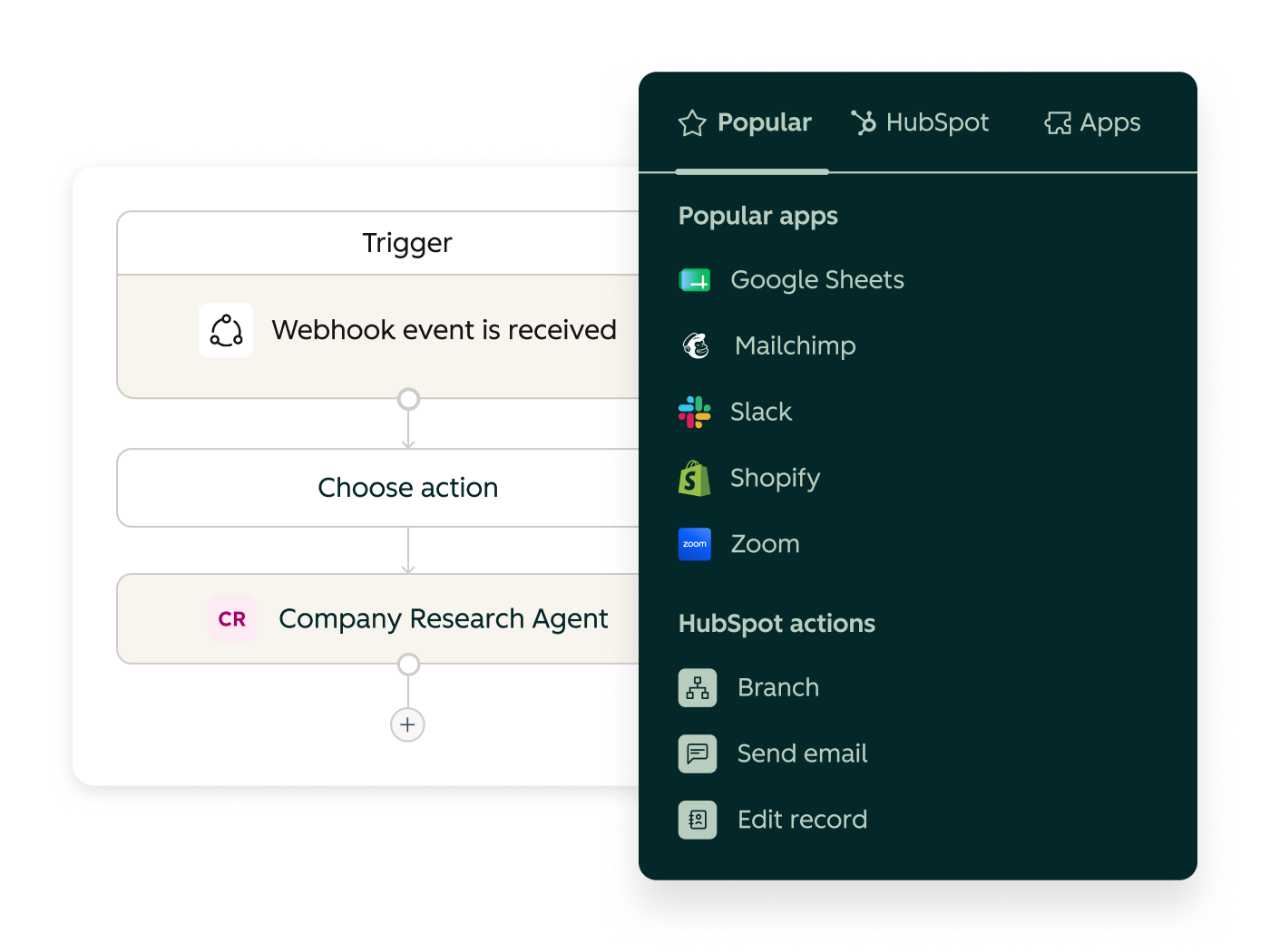 HubSpot workflow with a webhook trigger and Company Research Agent, alongside app integrations and CRM actions.