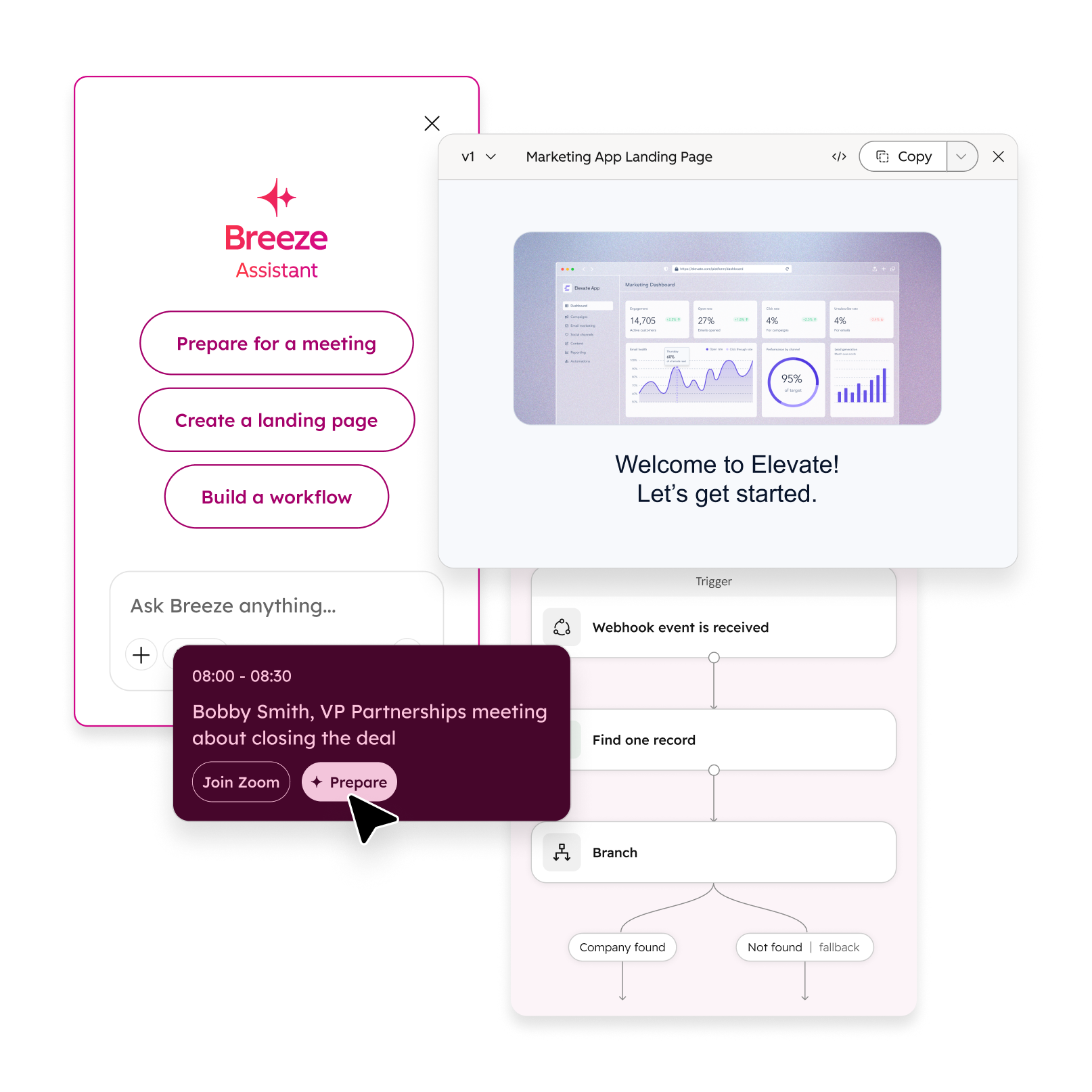 HubSpot Breeze Assistant examples for meeting preparation, landing page creation, and workflow building.