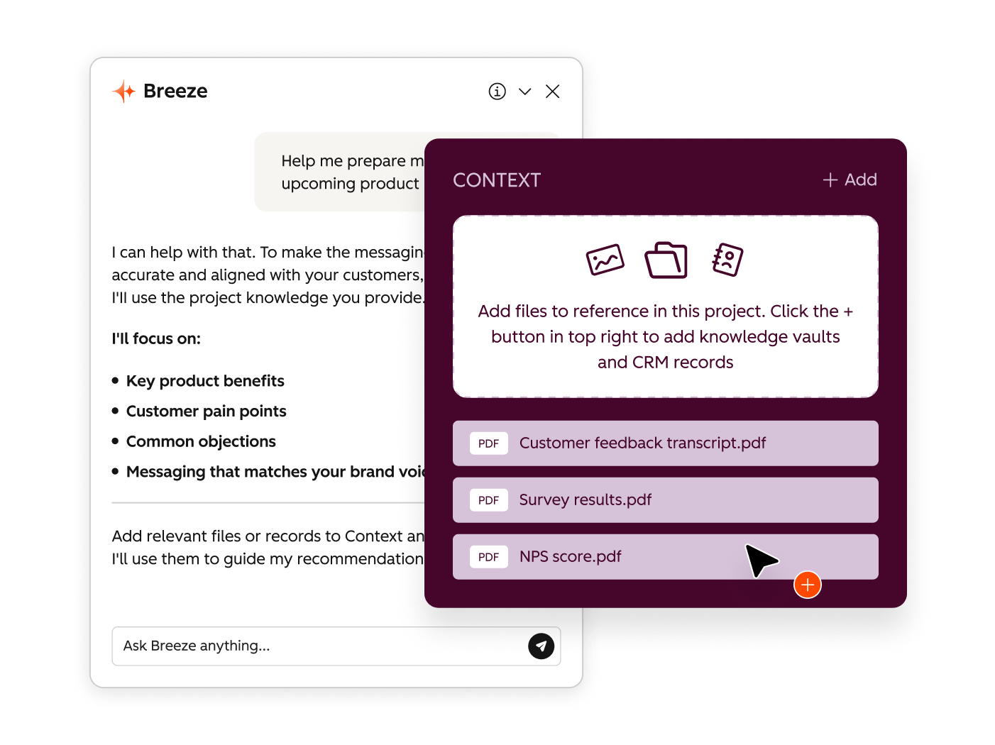 HubSpot Breeze Assistant using customer feedback, survey results, and NPS files as context for product messaging.