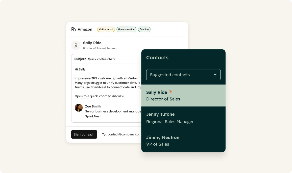 HubSpot prospecting example showing company intent signals, suggested sales contacts, and a personalized outreach email draft.