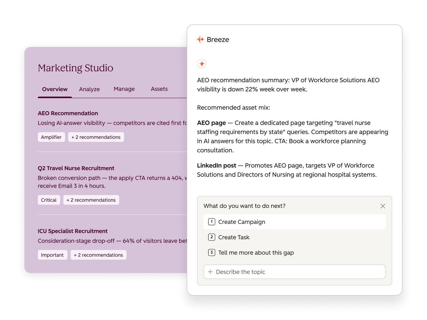 HubSpot Marketing Studio and Breeze displaying an AEO visibility recommendation, suggested content assets, and campaign or task creation options.