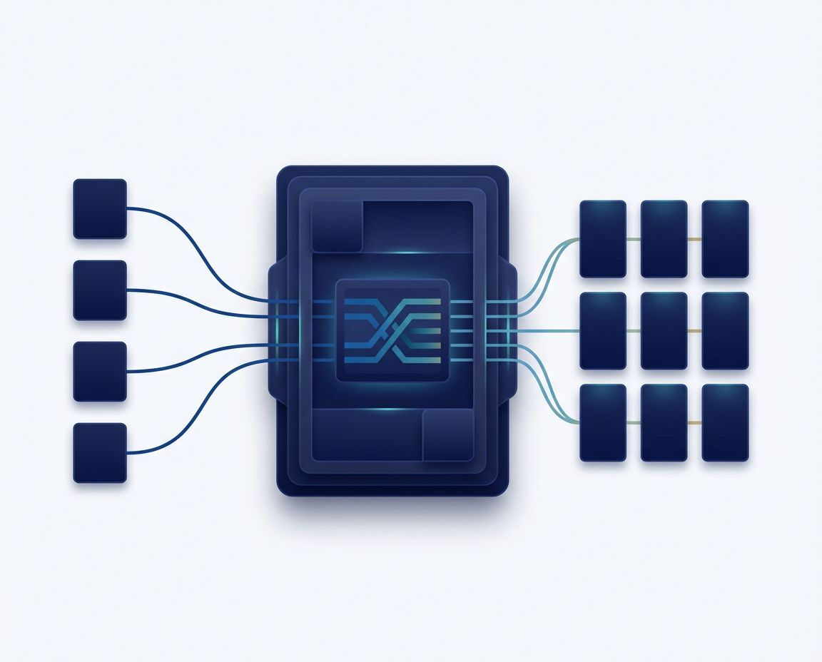 Illustration of a SaaS system where multiple data sources flow through a central control layer and are transformed into structured outputs, representing scalable data governance