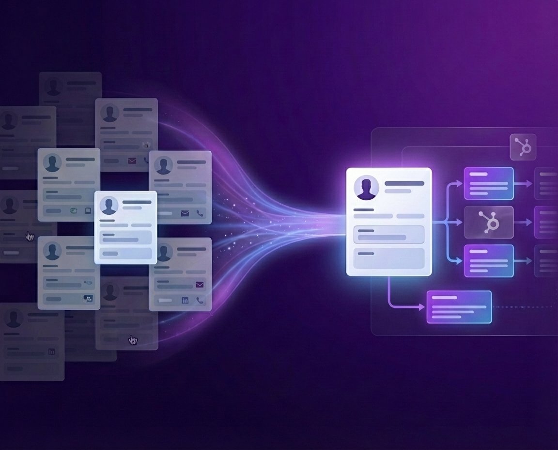 Illustration of HubSpot duplicate contact records being merged into a single clean CRM record, which then connects to automated workflows — visualizing the process of fixing duplicate data in HubSpot to build a reliable RevOps engine.