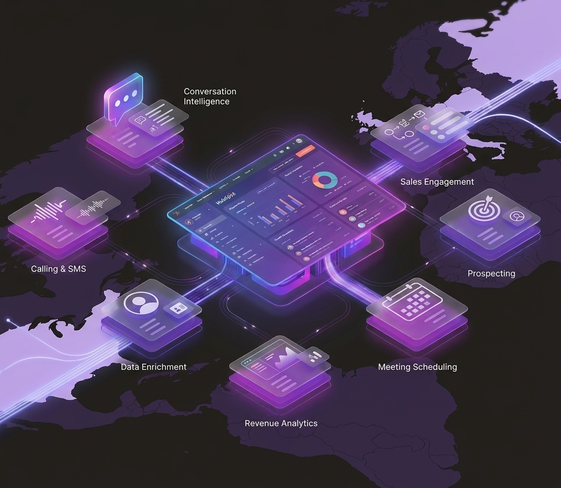 Illustration of HubSpot at the center of a connected sales engagement ecosystem, linking prospecting, calling, scheduling, conversation intelligence, data enrichment, and analytics across global SaaS operations.