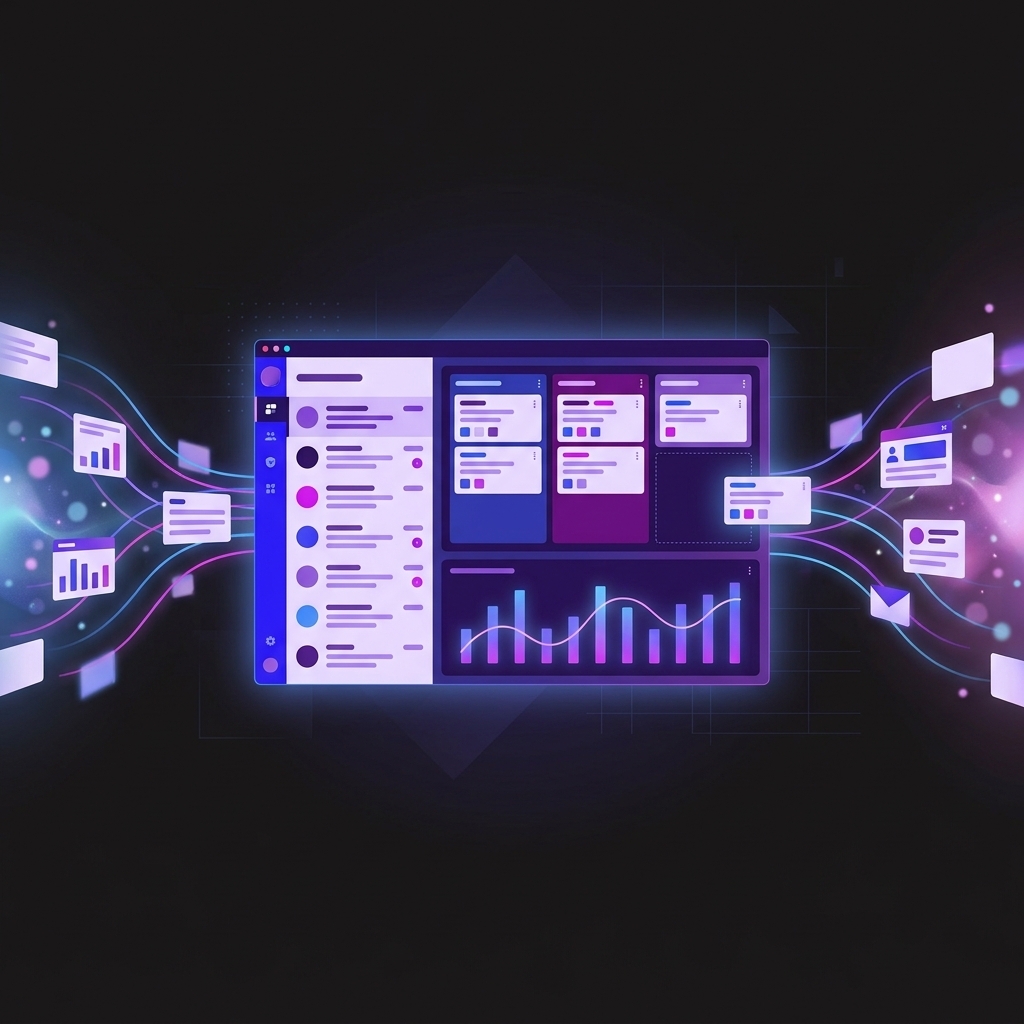 Conceptual illustration of HubSpot CRM data being restored from backup: abstract contact and deal cards stream inward along glowing purple and blue trails, reassembling into a CRM dashboard with an empty pipeline panel actively being refilled — visualizing point-in-time data recovery for SaaS revenue operations.