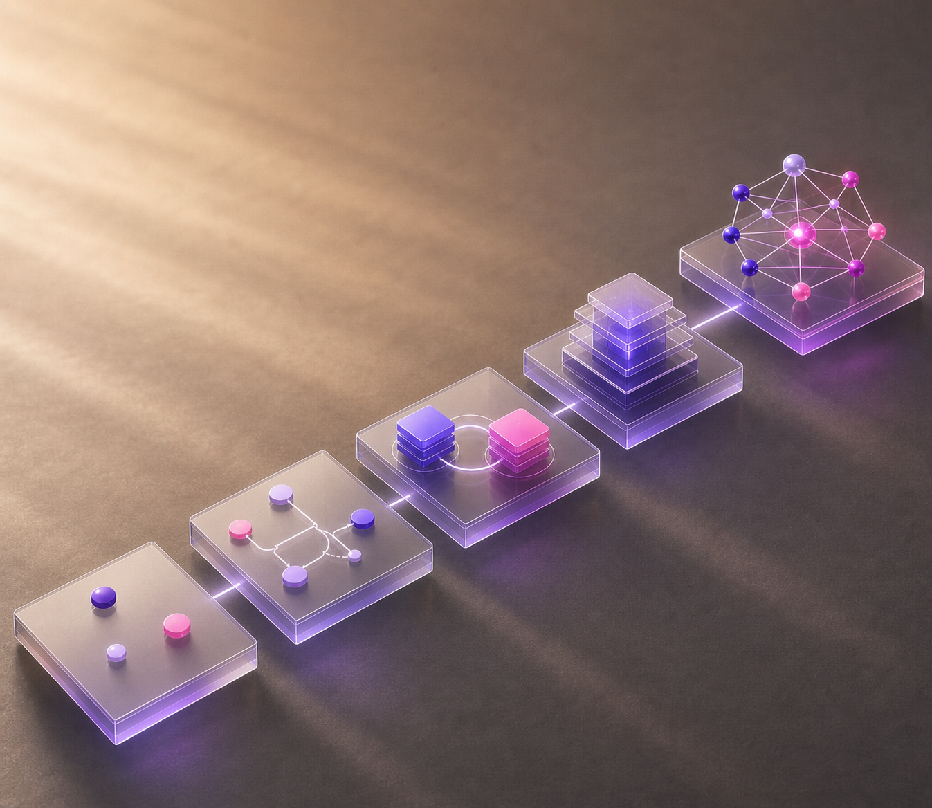 Five translucent, purple-lit platforms rise diagonally from simple colored data nodes to a connected network, representing the progression from CRM setup to a mature revenue engine.