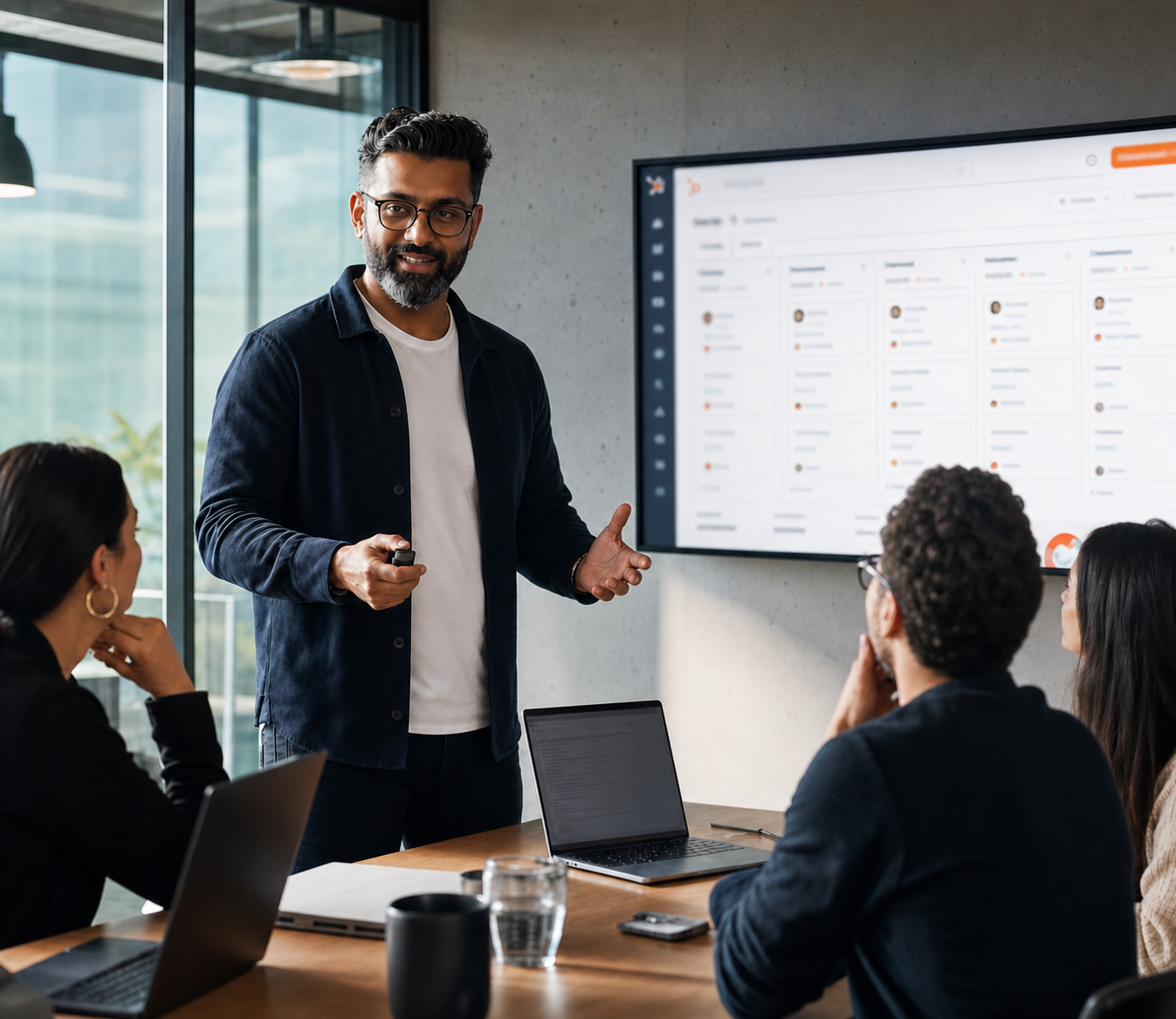SaaS founder leading a team meeting in front of a sales pipeline dashboard, representing the shift from founder-led sales to a scalable HubSpot-driven revenue process.