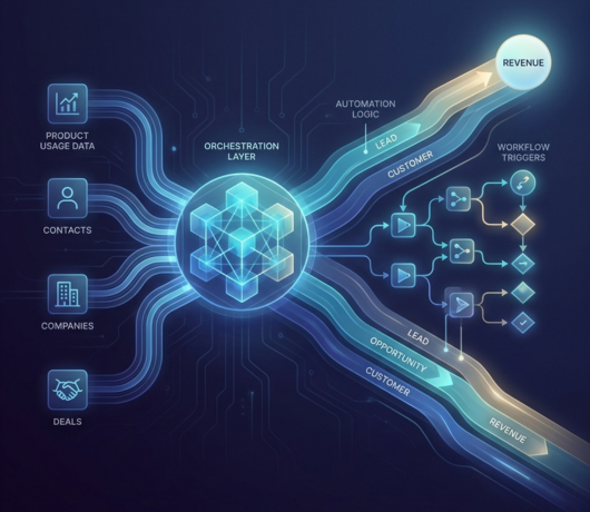 HubSpot workflow automation architecture showing product usage data, contacts, companies, and deals feeding an orchestration layer that drives automated revenue pipeline growth.